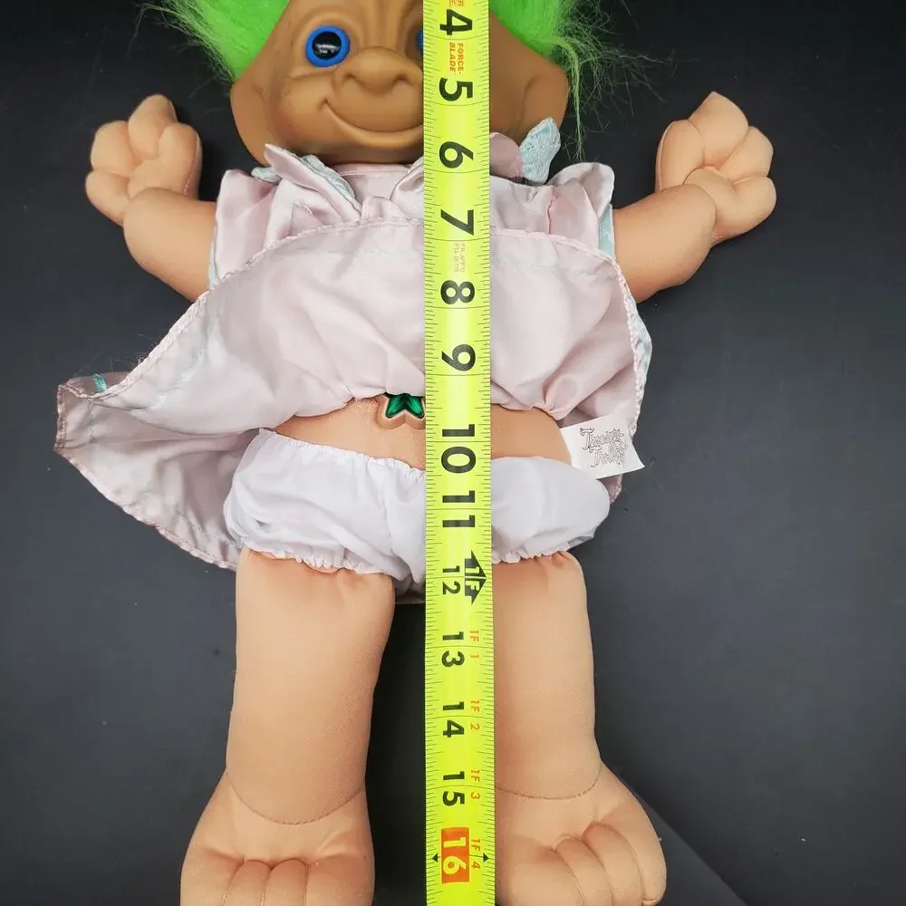 Russ Troll Doll Green Hair Pink Satin Dress Plush Body Heart Gem 16